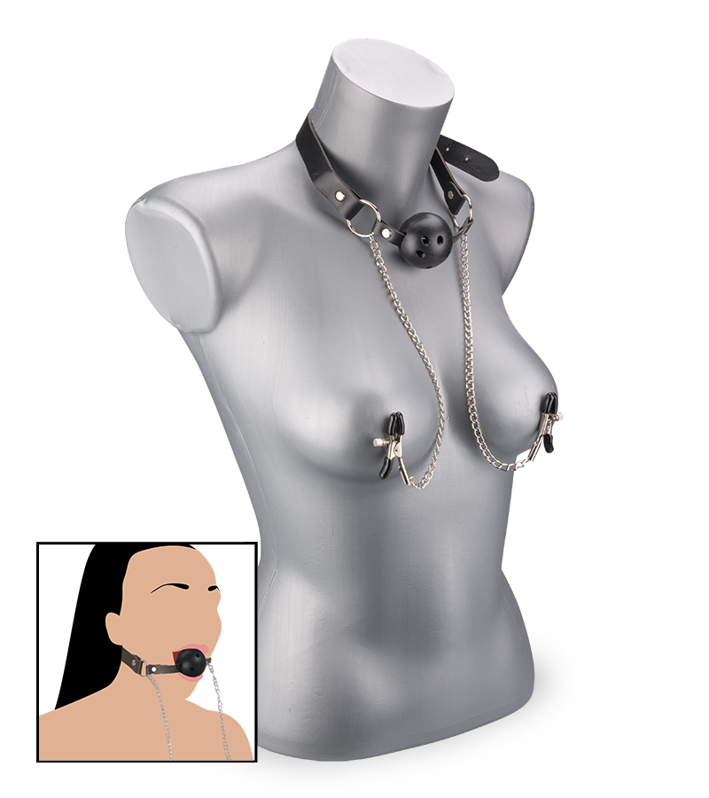 BDSM ball gag with nipple clamps