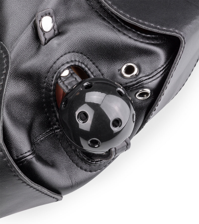 BDSM hood with ball gag and mouth/eye patches