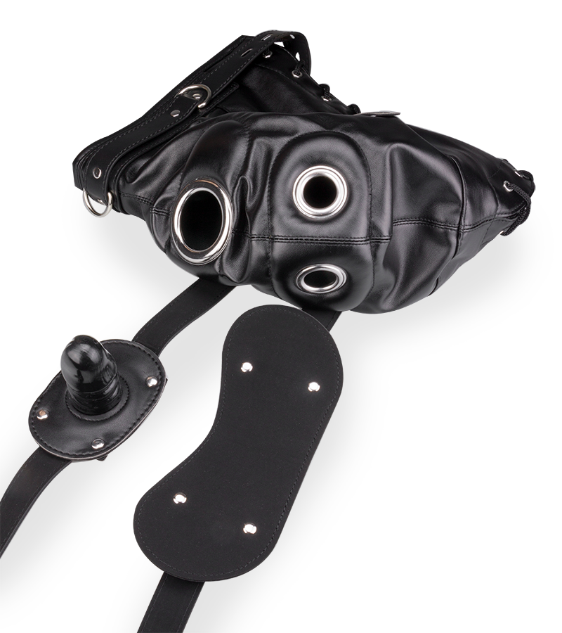 BDSM hood with mask and 2.25-inch ball gag