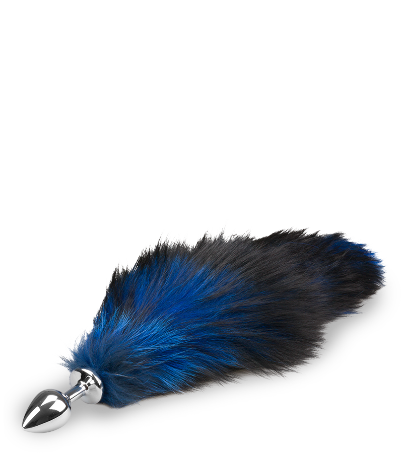 Black and blue furry fox tail anal plug
