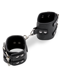 Load image into Gallery viewer, Black leather BDSM handcuffs with straps