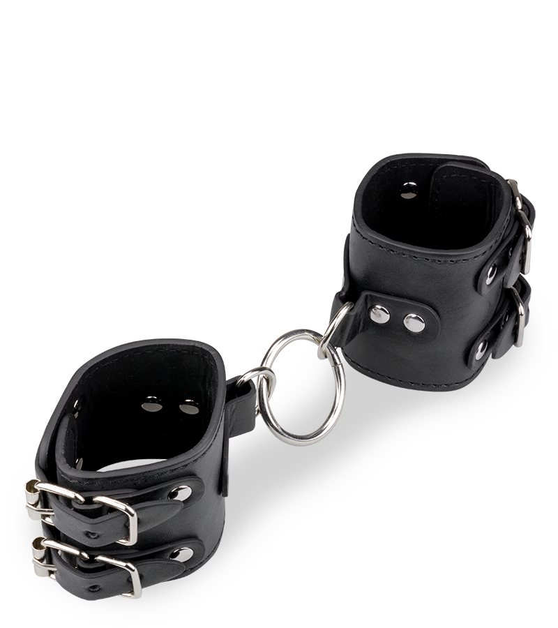 Black leather BDSM handcuffs with straps