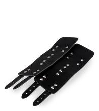 Load image into Gallery viewer, Black leather BDSM handcuffs with straps
