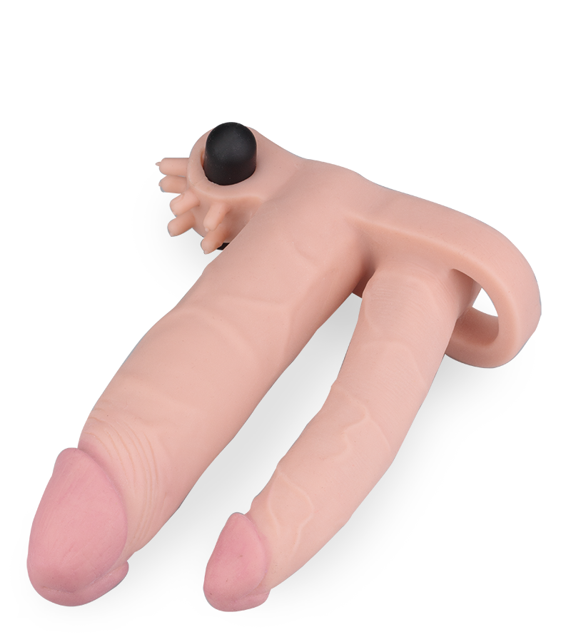 Clitoris-stimulating vibrating double-penis sleeve
