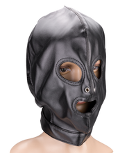 Load image into Gallery viewer, Faux leather BDSM hood with three openings