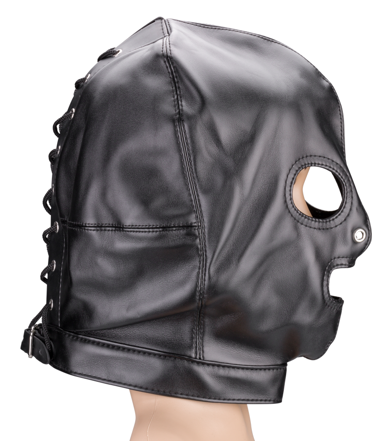 Faux leather BDSM hood with three openings