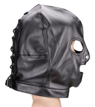 Load image into Gallery viewer, Faux leather BDSM hood with three openings