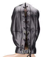 Load image into Gallery viewer, Faux leather BDSM hood with three openings