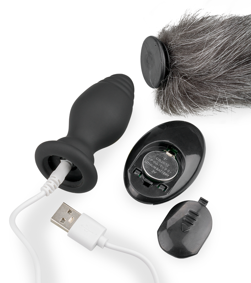 Grey faux fur vibrating butt plug