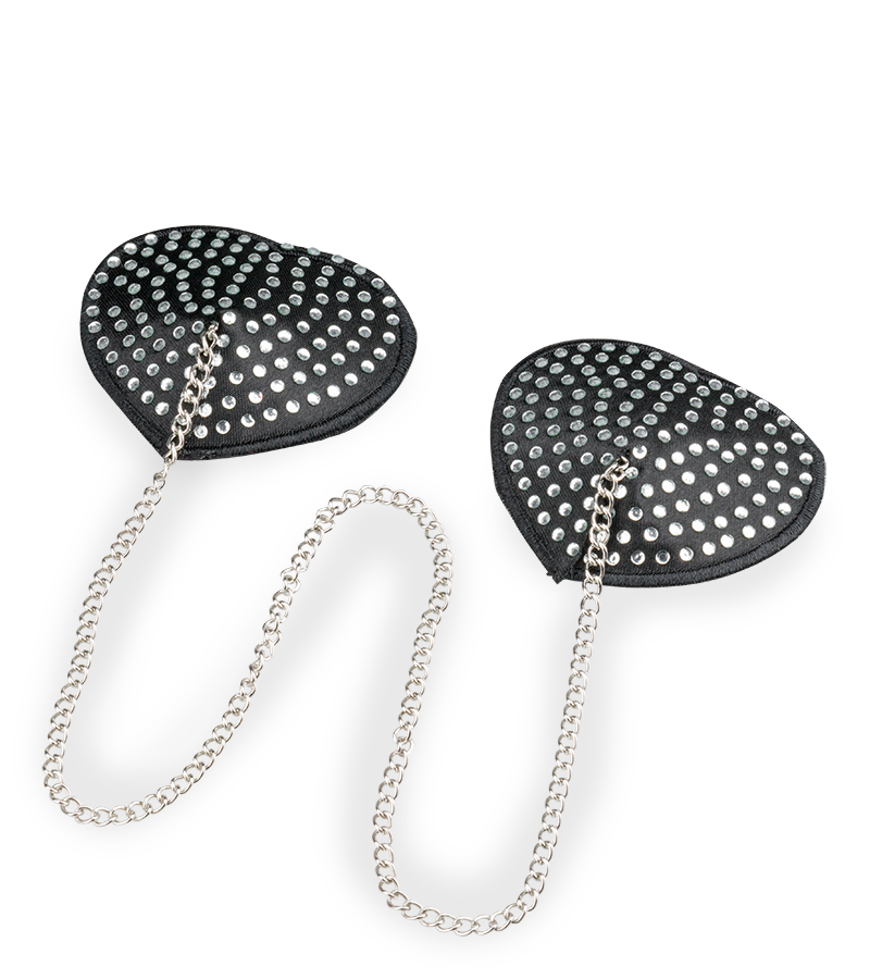 Heart-shaped rhinestone and metal chain nipple pasties