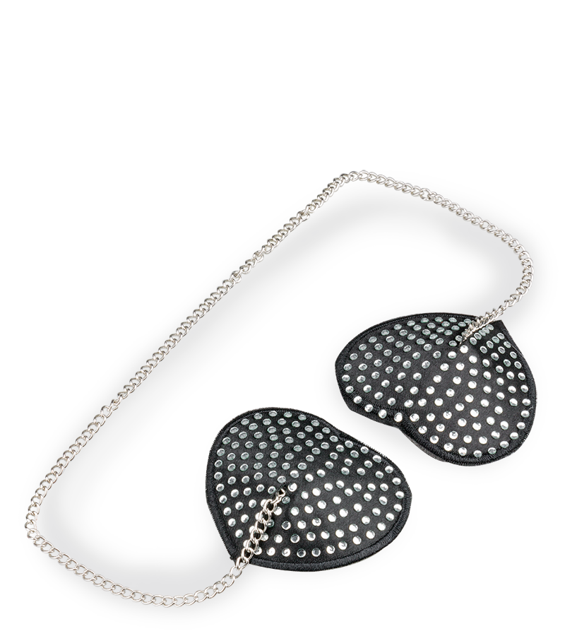 Heart-shaped rhinestone and metal chain nipple pasties