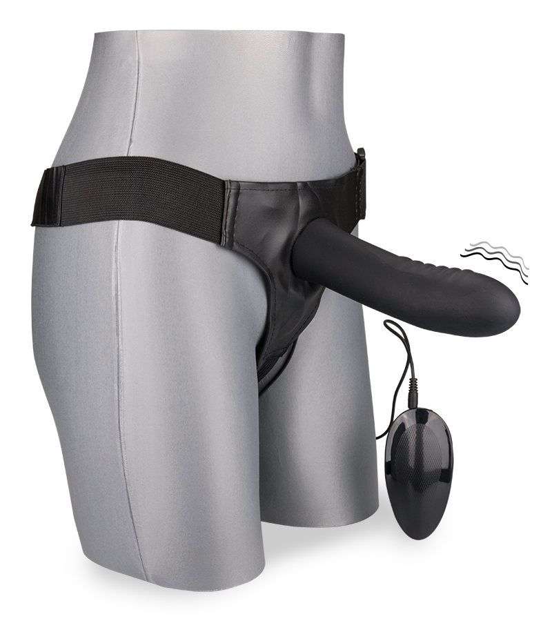 Hollow vibrating silicone strap-on dildo harness