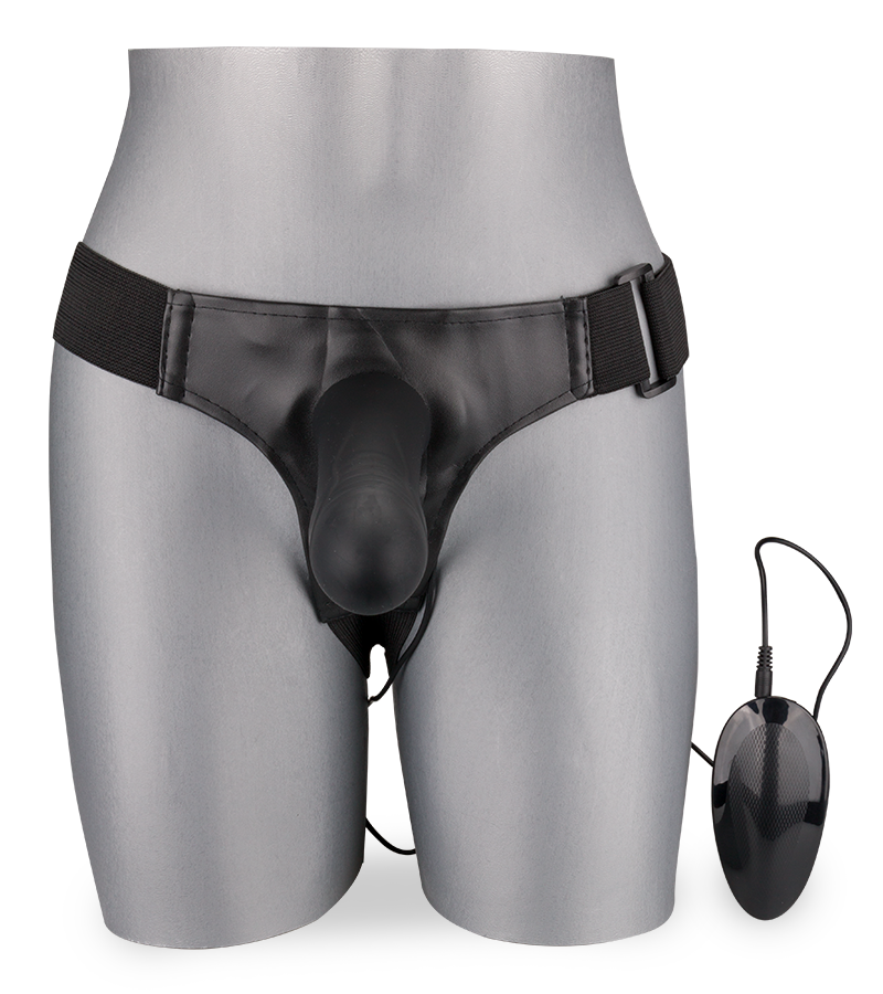 Hollow vibrating silicone strap-on dildo harness