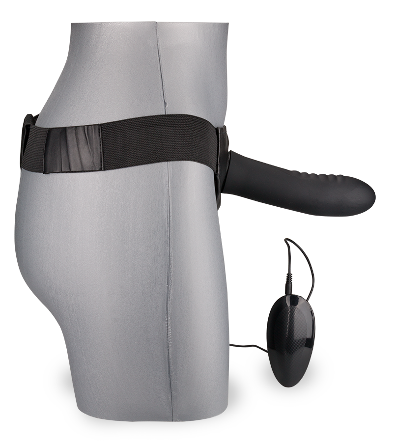 Hollow vibrating silicone strap-on dildo harness