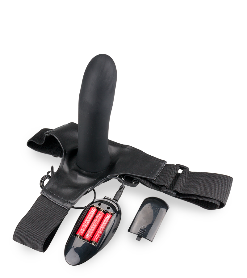 Hollow vibrating silicone strap-on dildo harness