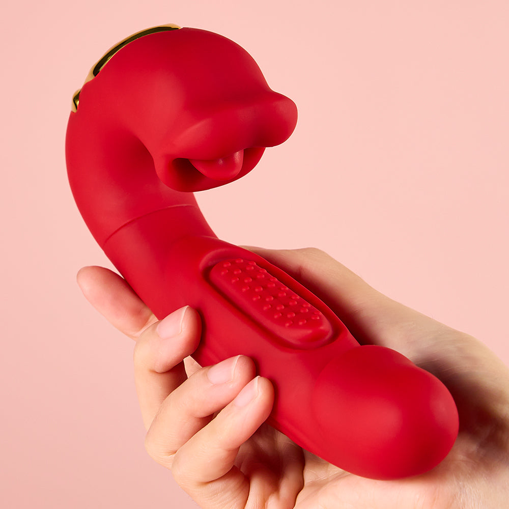 Joylume Between Us rose rabbit vibrator with teasing tongue motion detail