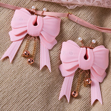 Load image into Gallery viewer, Joylume Electric Papillon butterfly nipple clamps worn with adjustable strap in lifestyle setting
