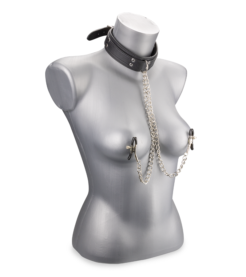 Leather bondage collar with nipple clamps