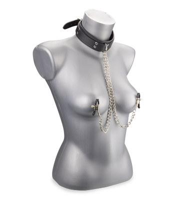 Leather bondage collar with nipple clamps
