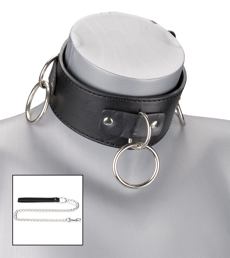 Leather bondage three-ring collar with chain lead