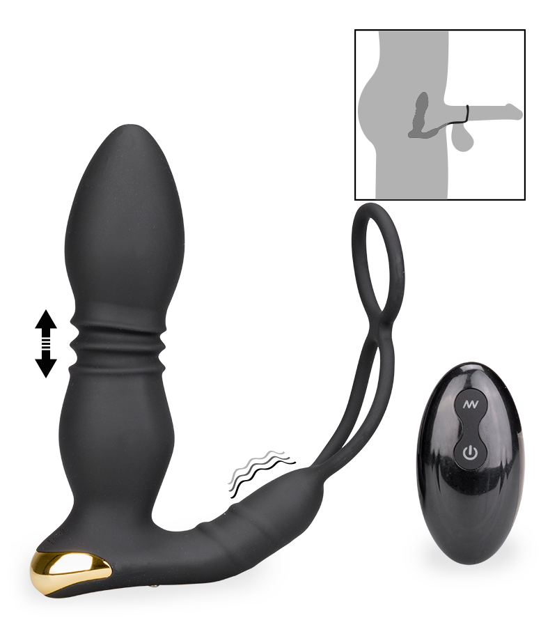 Luck thrusting and vibrating butt plug with cock rings