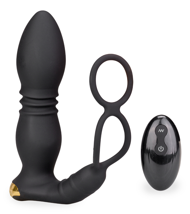Luck thrusting and vibrating butt plug with cock rings