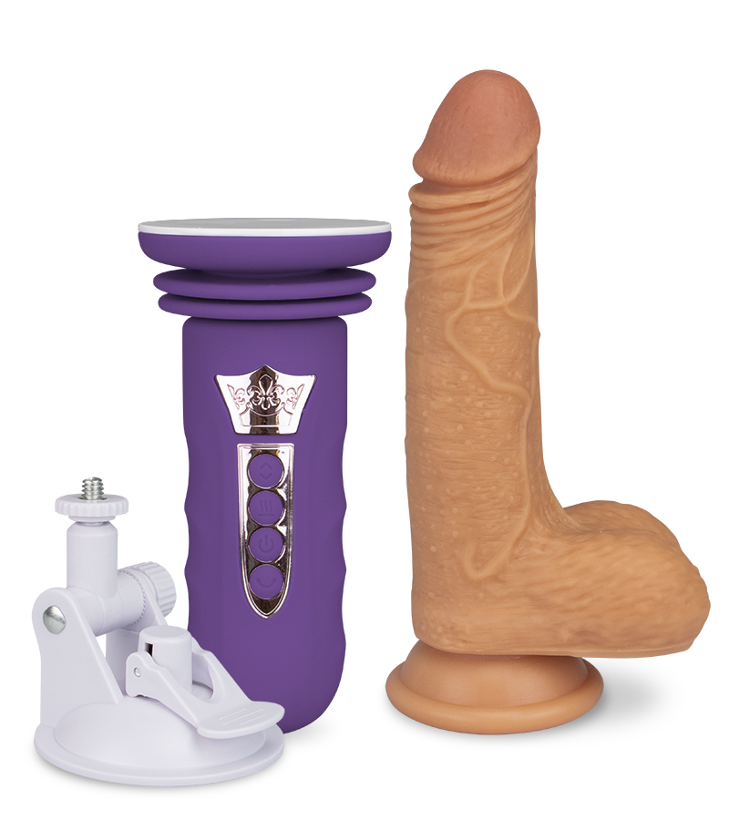 Mini sex machine with thrusting suction cup dildo