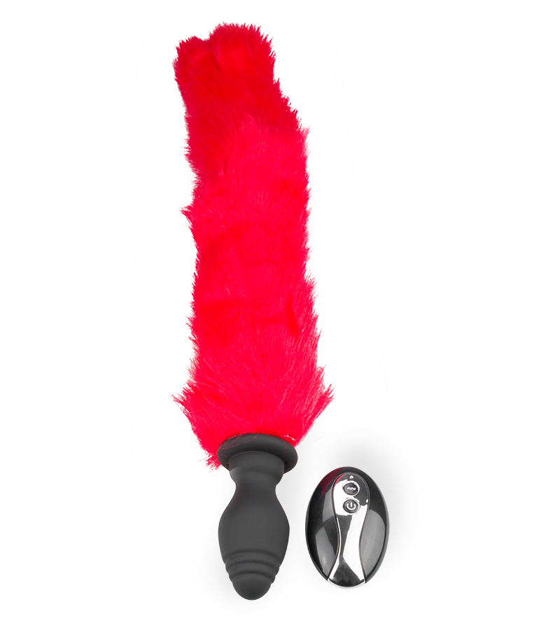 Red faux fur vibrating butt plug