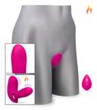 Remote control warming and vibrating wearable dildo