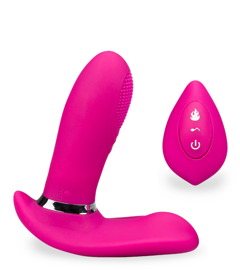 Remote control warming and vibrating wearable dildo