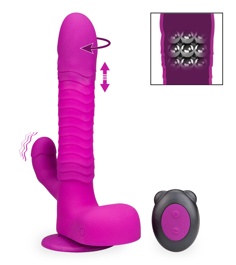 Rotating and thrusting suction cup rabbit-style dildo