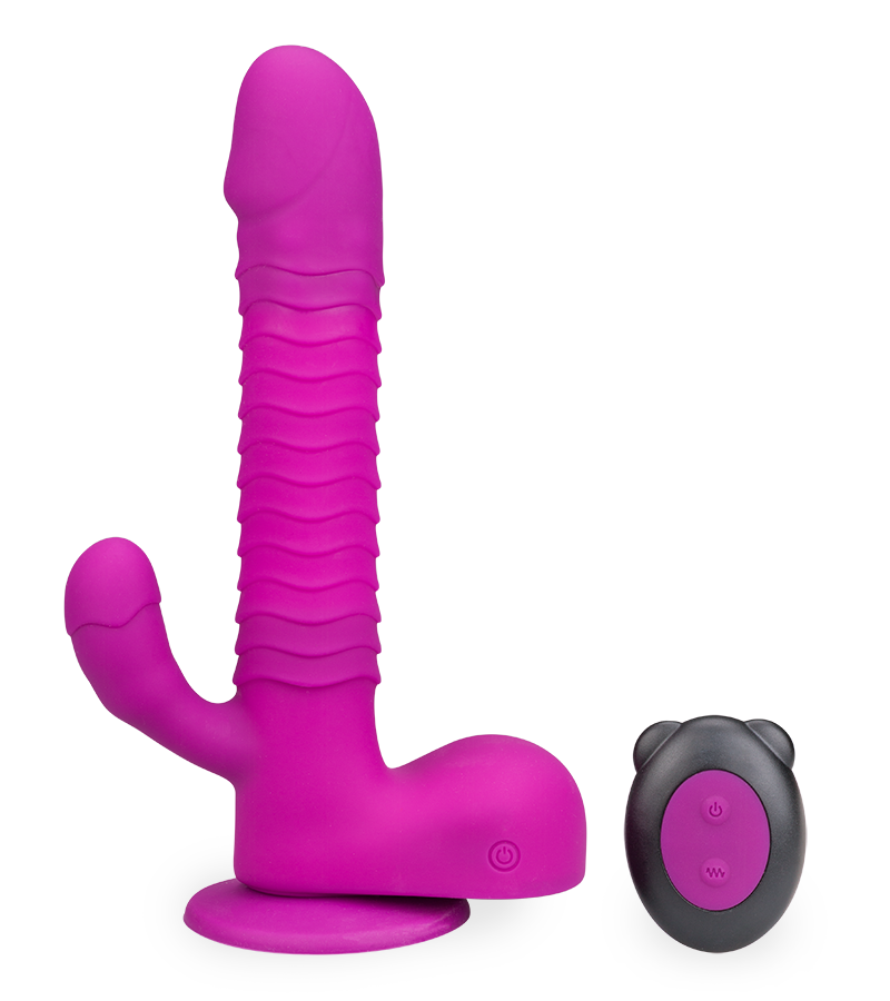 Rotating and thrusting suction cup rabbit-style dildo