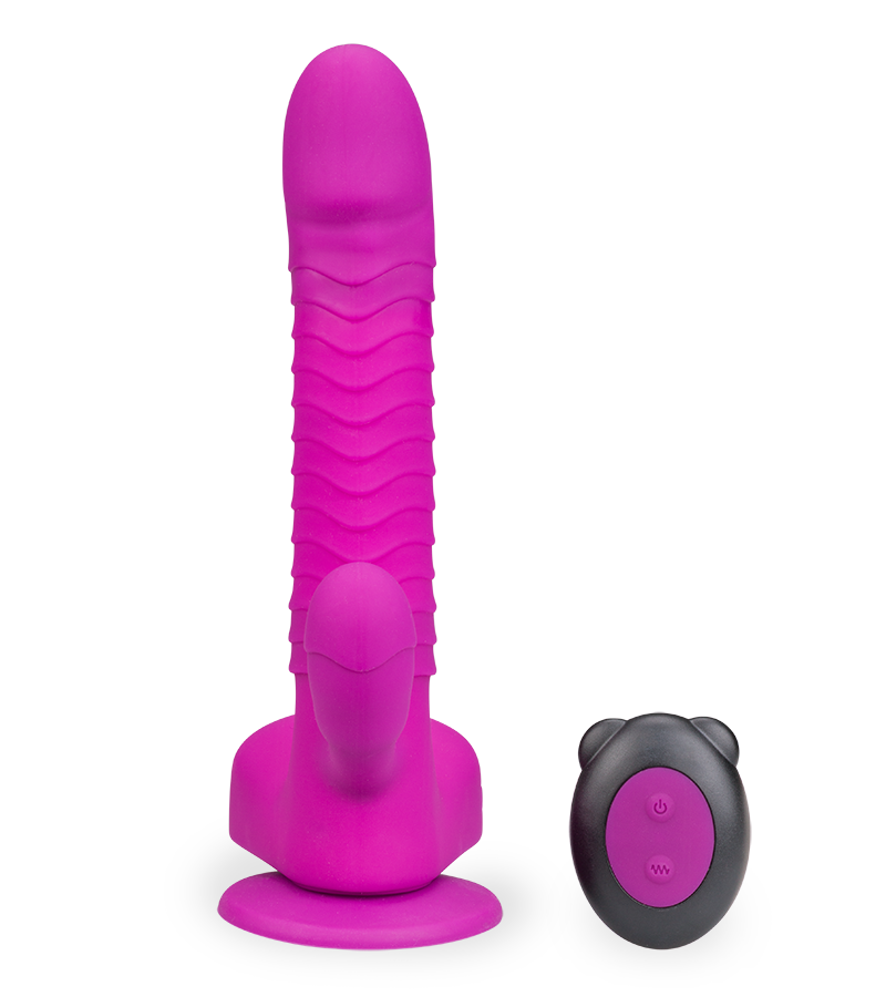 Rotating and thrusting suction cup rabbit-style dildo