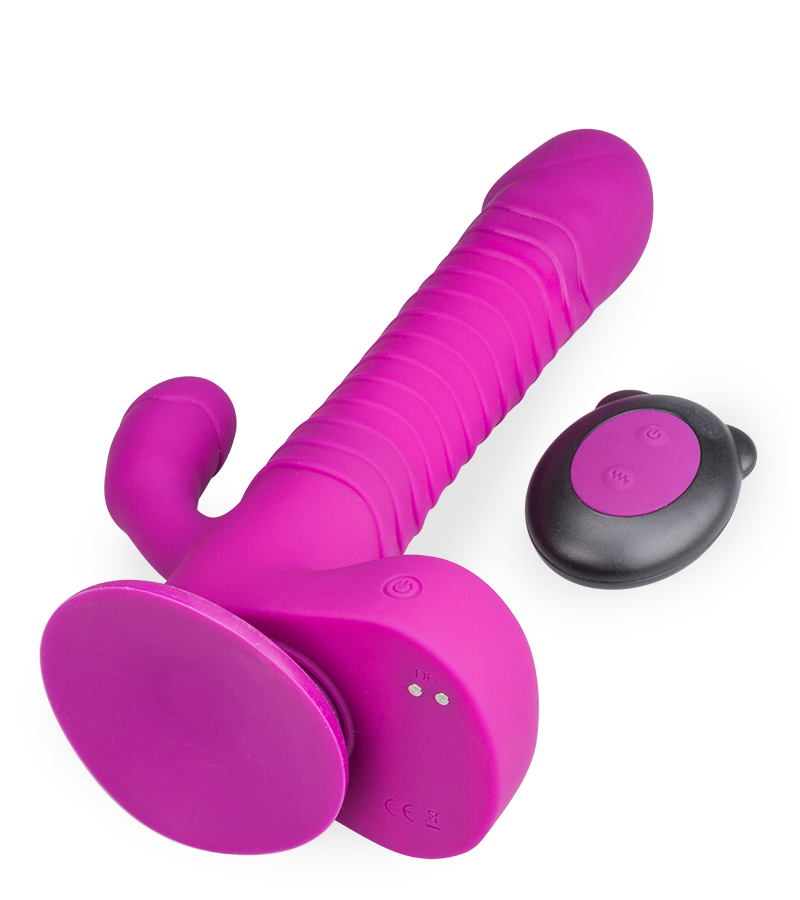 Rotating and thrusting suction cup rabbit-style dildo