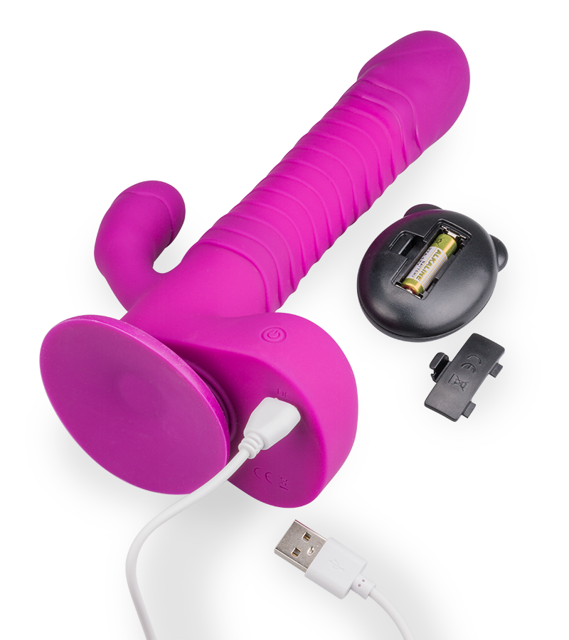 Rotating and thrusting suction cup rabbit-style dildo