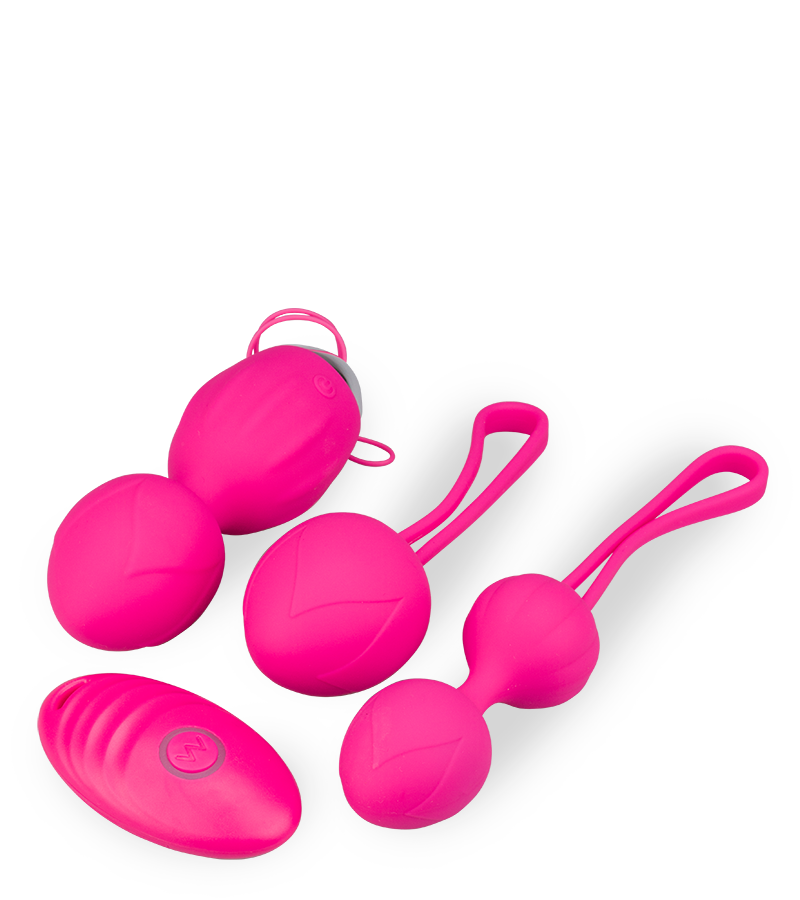 Sex toy set with two Ben Wa balls and a remote control vibrating egg