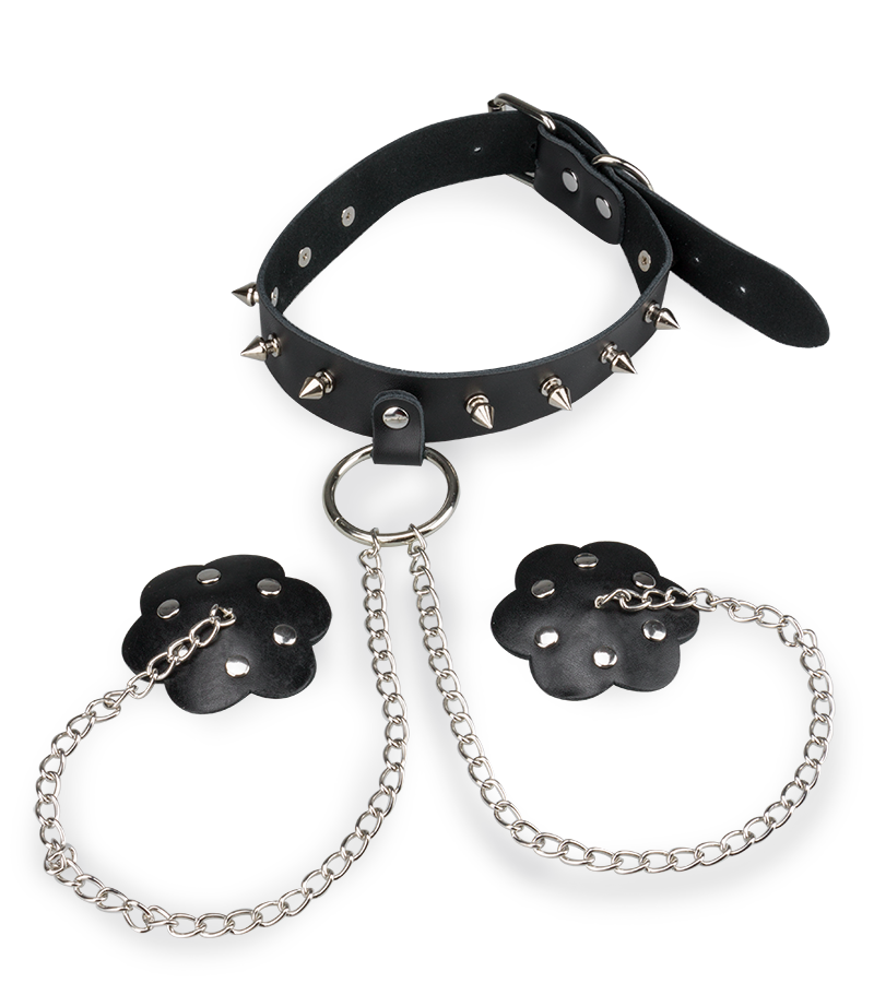 Spiked collar and riveted nipple pasties