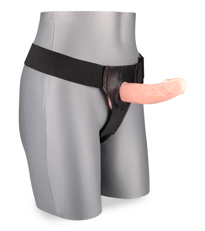 Strap-on harness with hollow veiny dildo