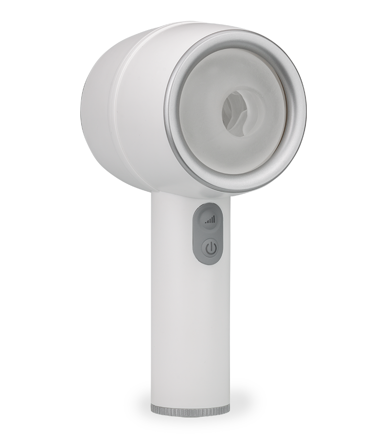 Tornado thrusting masturbator with comfort-grip handle