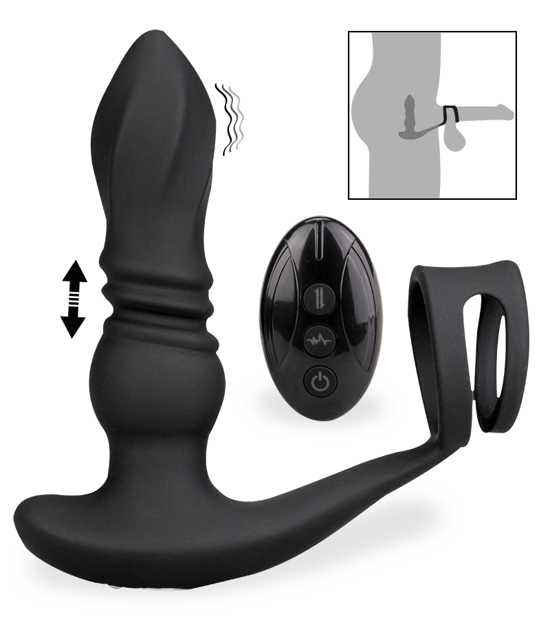 Toronto vibrating and thrusting anal plug with double cock ring