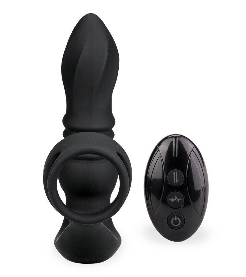 Toronto vibrating and thrusting anal plug with double cock ring