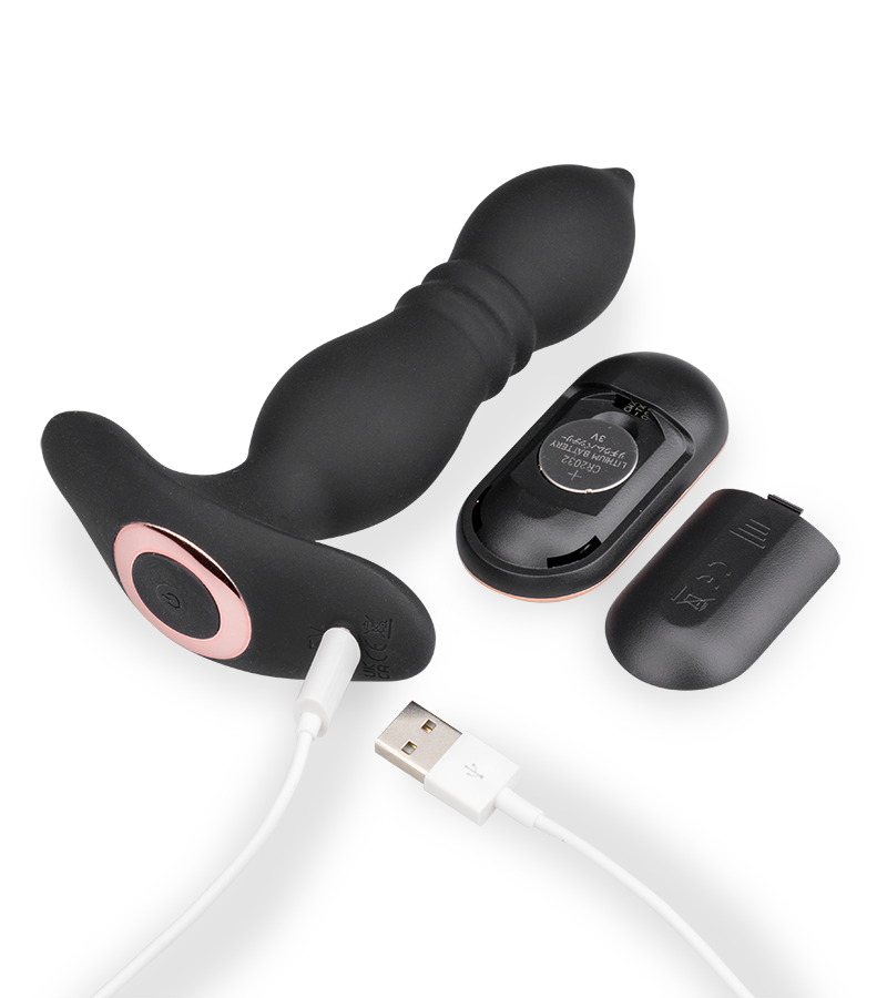 Verso remote-controlled vibrating and thrusting butt plug