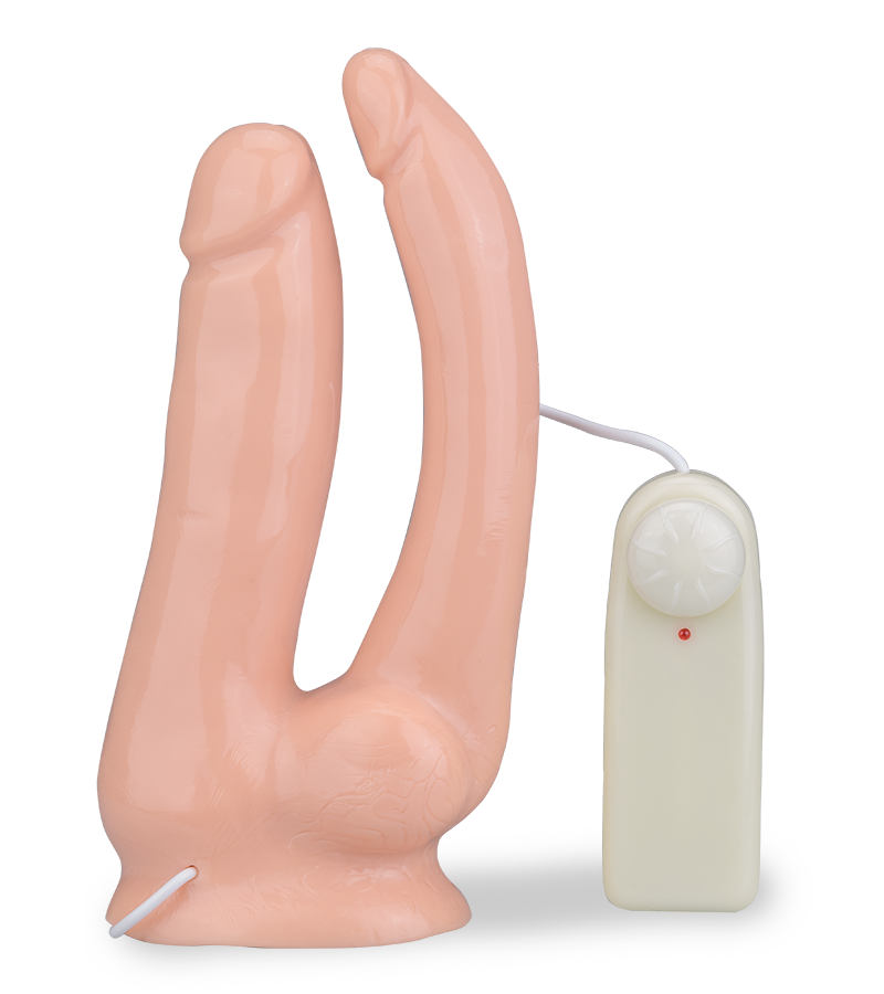 Vibrating double penetration suction cup dildo