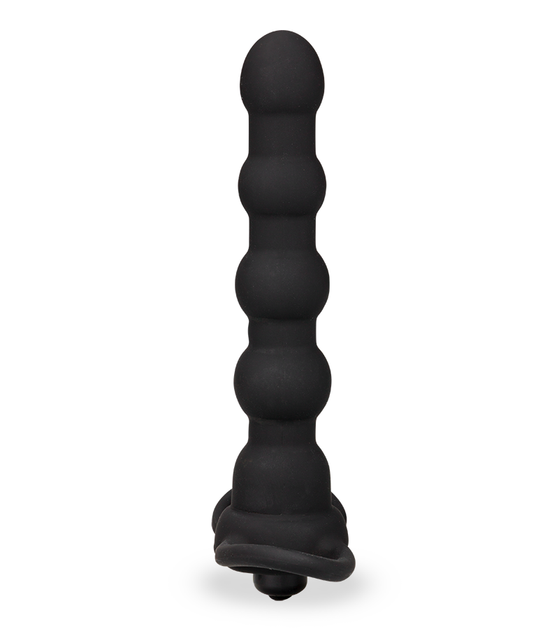 Vibrating silicone double penetration cock ring and beaded dildo