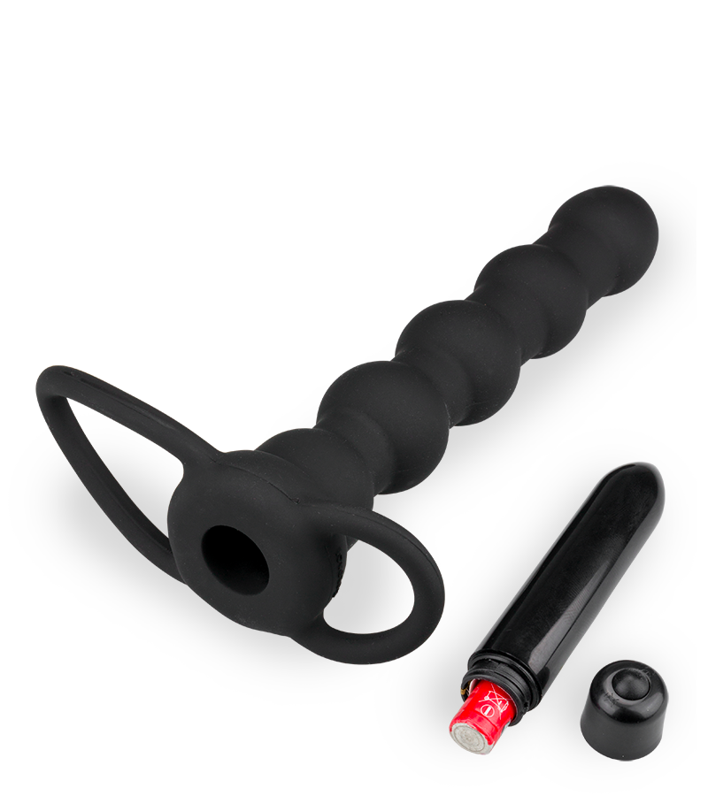 Vibrating silicone double penetration cock ring and beaded dildo