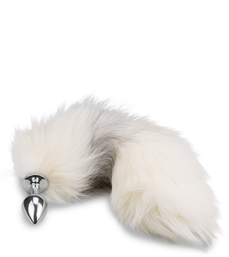 White and black furry fox tail butt plug
