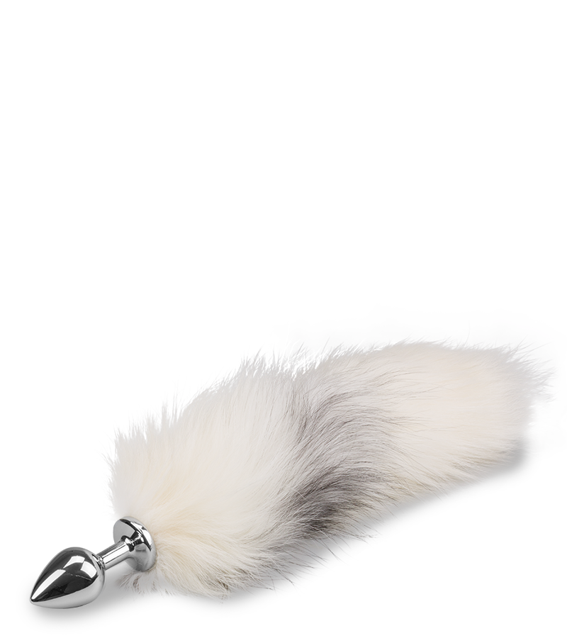 White and black furry fox tail butt plug