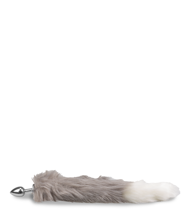 White and grey vegan fur fox tail butt plug