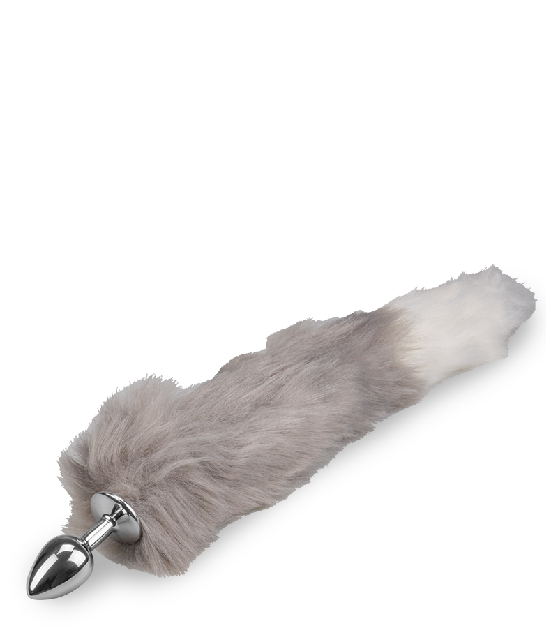 White and grey vegan fur fox tail butt plug