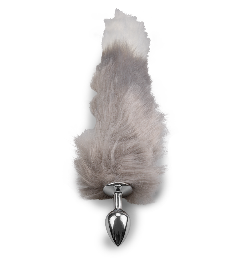 White and grey vegan fur fox tail butt plug